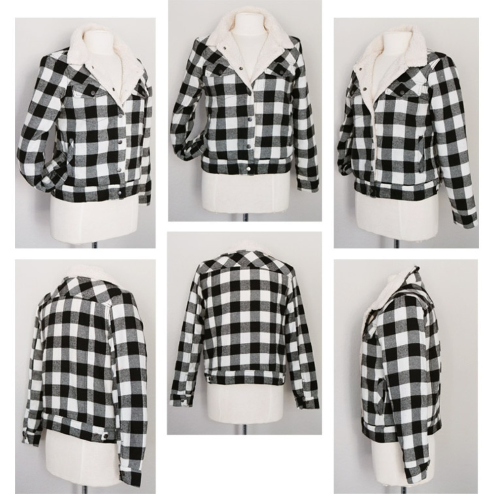 Black Buffalo Plaid Sherpa Trucker Flannel Jacket - Picture 2 of 8